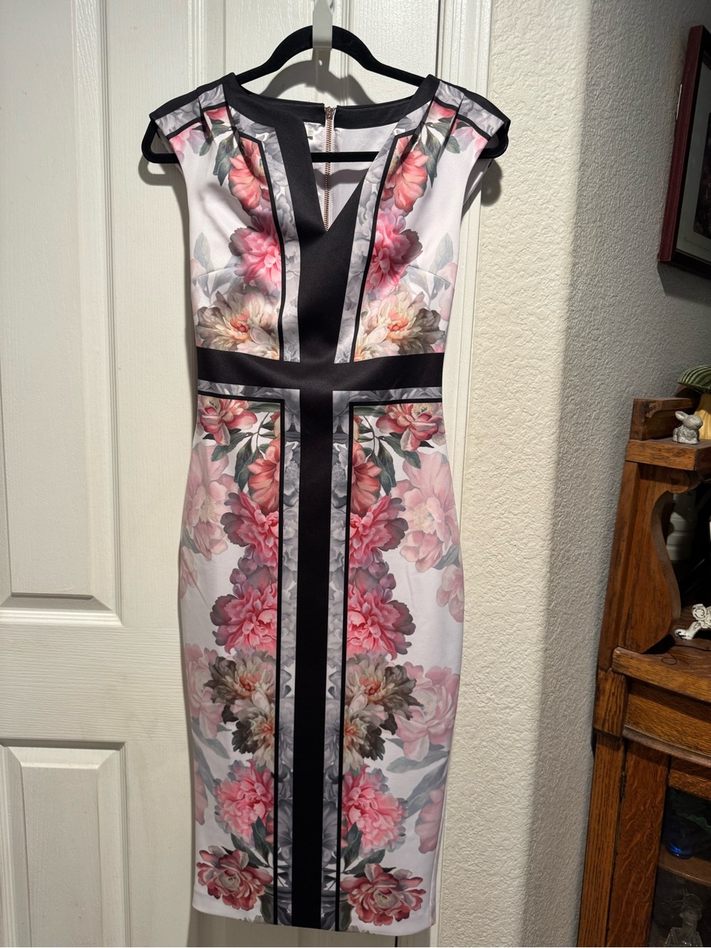 Ted Baker London Pink Floral Midi Dress with Black Trim